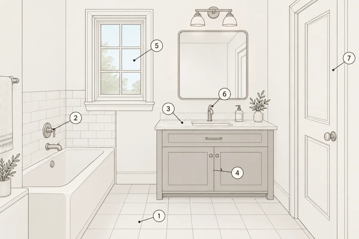 Fixed bathroom features photographed before a renovation, including the tray, waste and pipework.