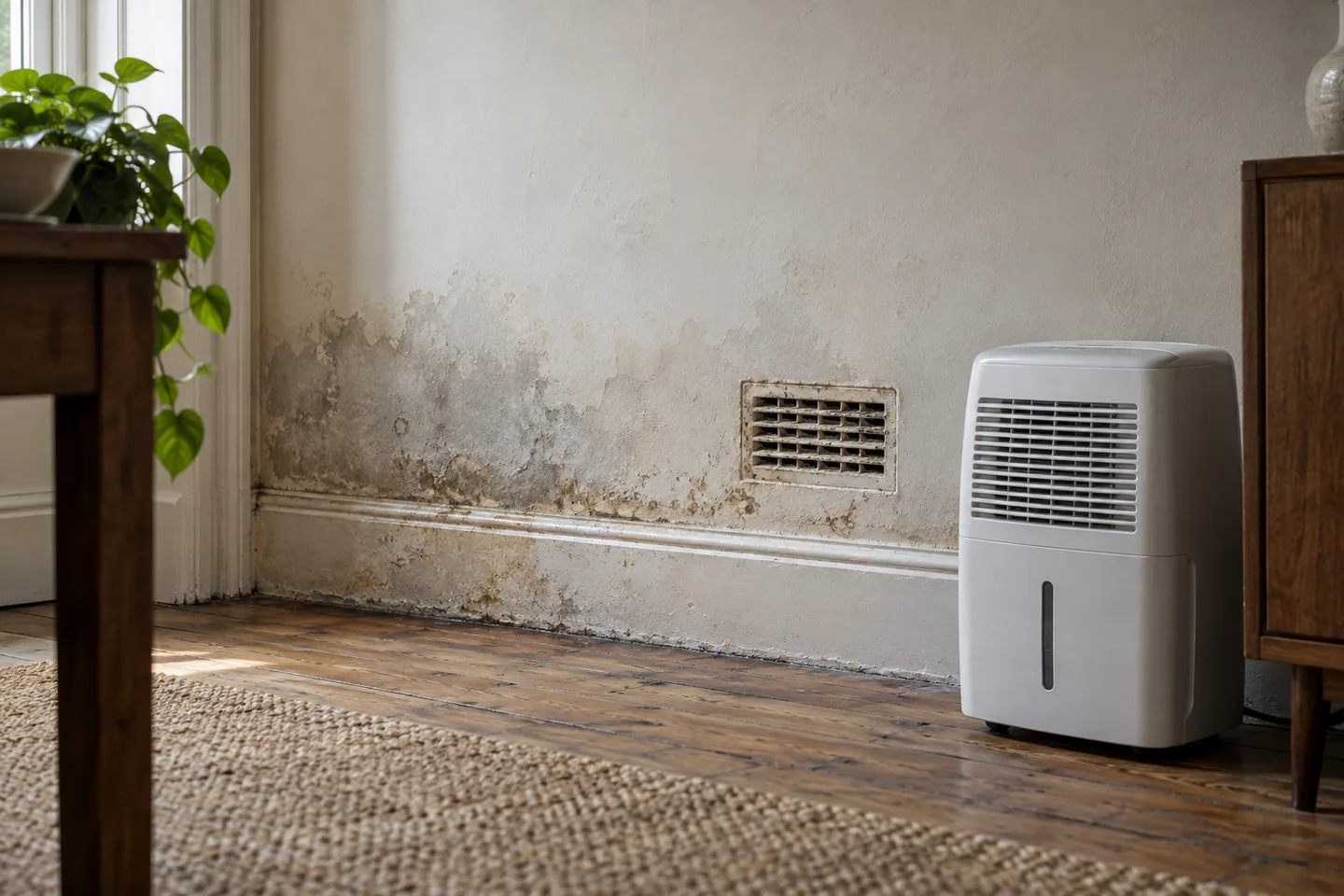 Damp patch at the base of a wall in an older British house beside a skirting board.