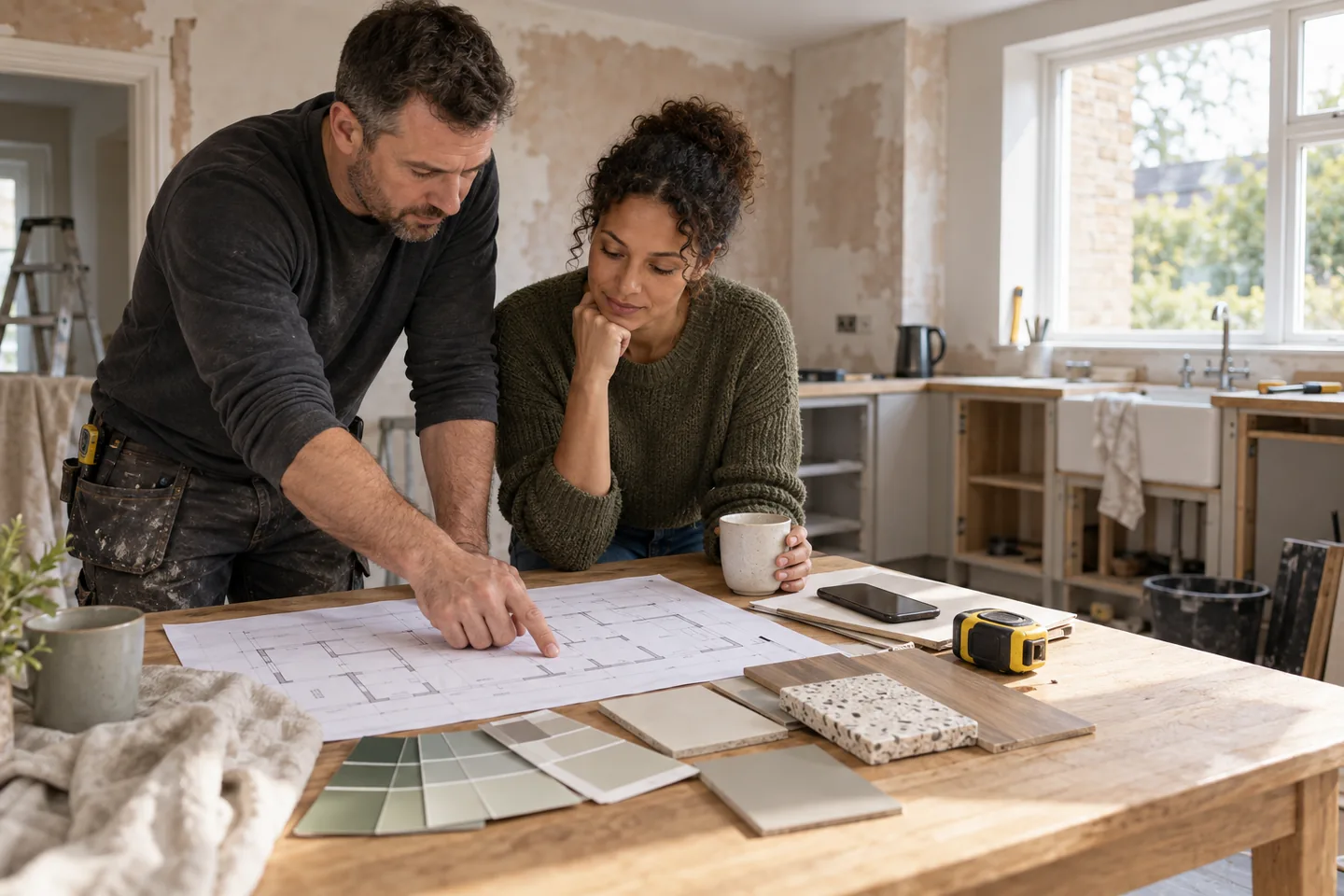 A builder and a homeowner reviewing plans and material samples at a kitchen table in a house being renovated.