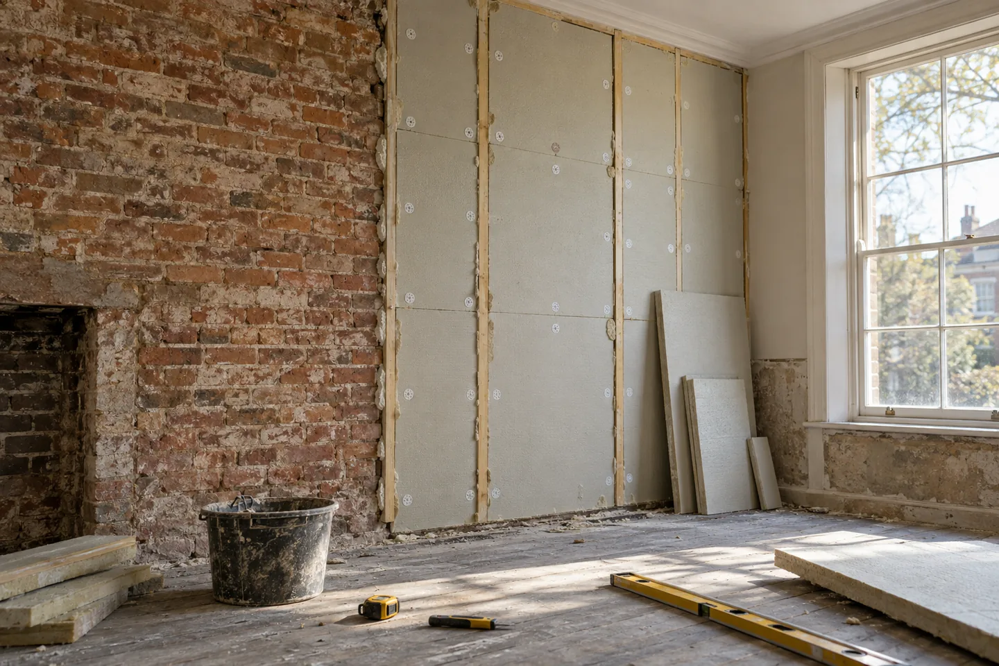 Insulation boards being fitted to an internal solid brick wall in an old British house.