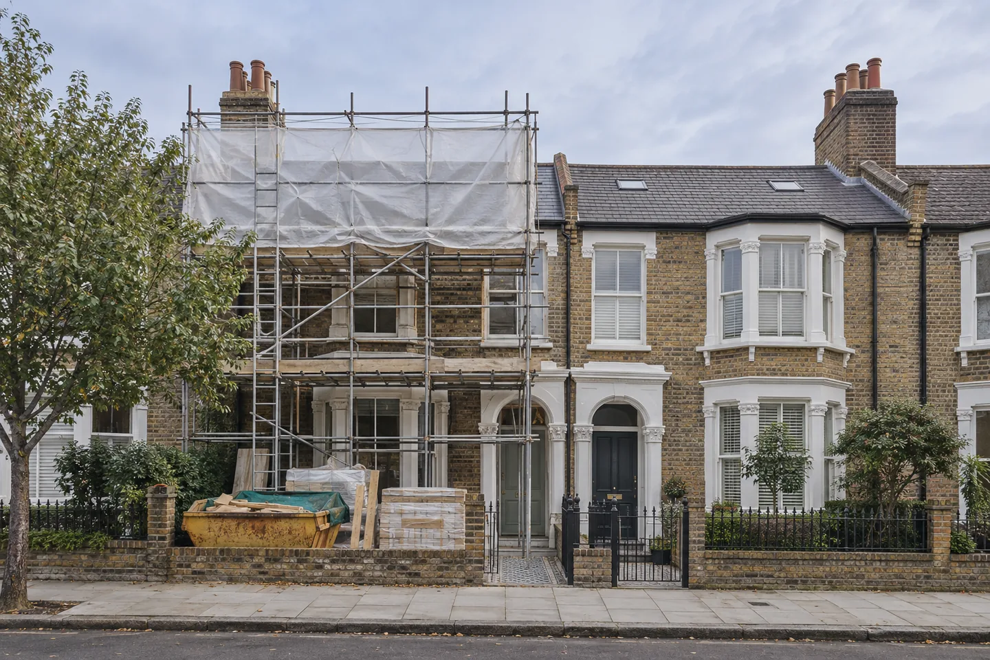 Two neighbouring British terraced houses sharing a party wall during renovation work.