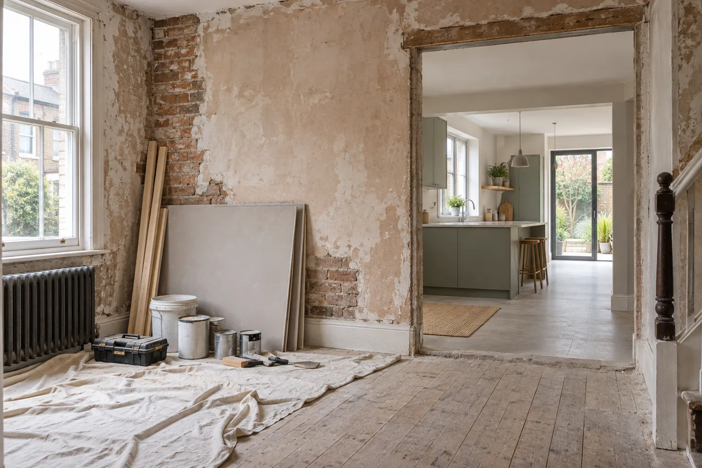 British house mid-renovation with one room stripped back and another room already finished.