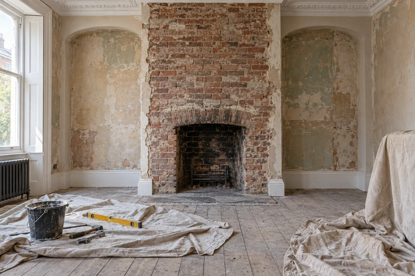 Victorian living room with an exposed brick chimney breast and alcoves during renovation.