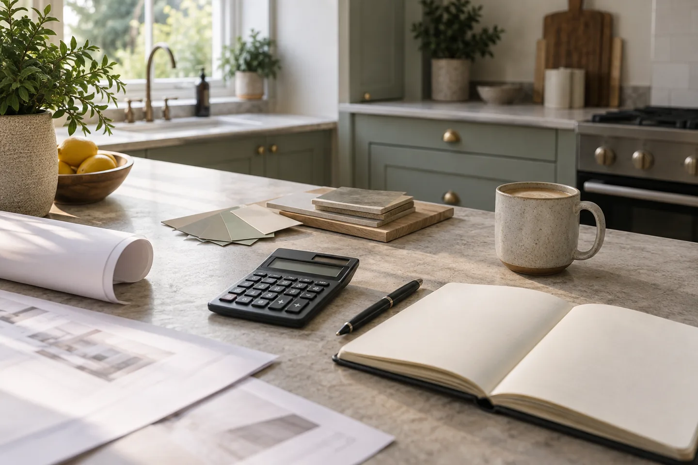 Renovation budget planning with a calculator, notebook and papers on a kitchen table.