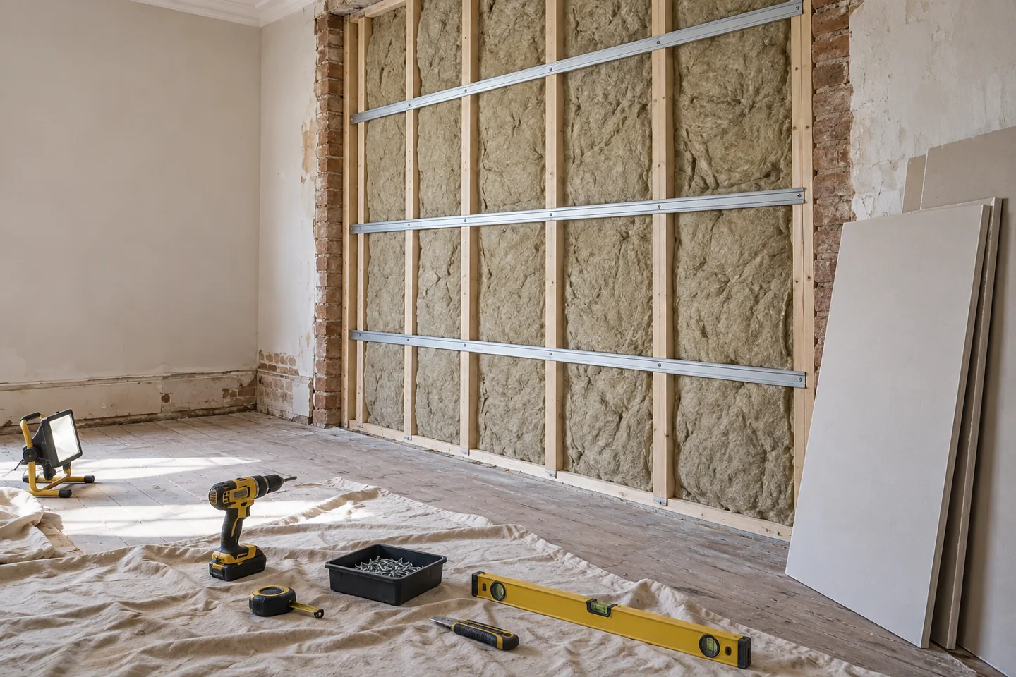 Acoustic insulation and resilient bars being fitted to a party wall during renovation.
