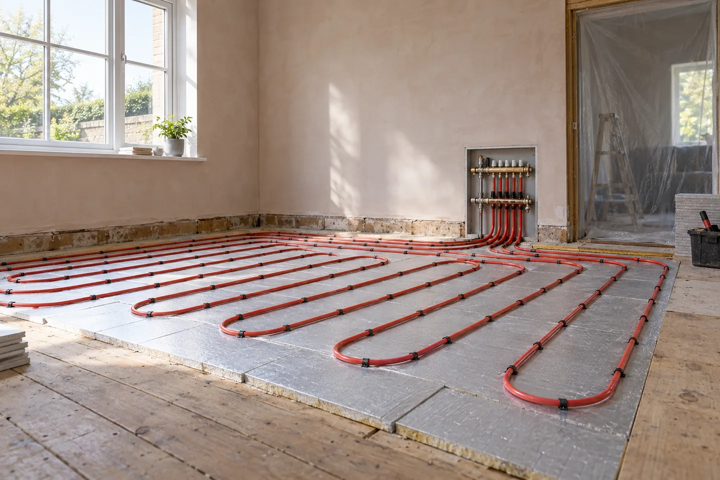 Underfloor heating pipework laid on insulation over a floor during a renovation.