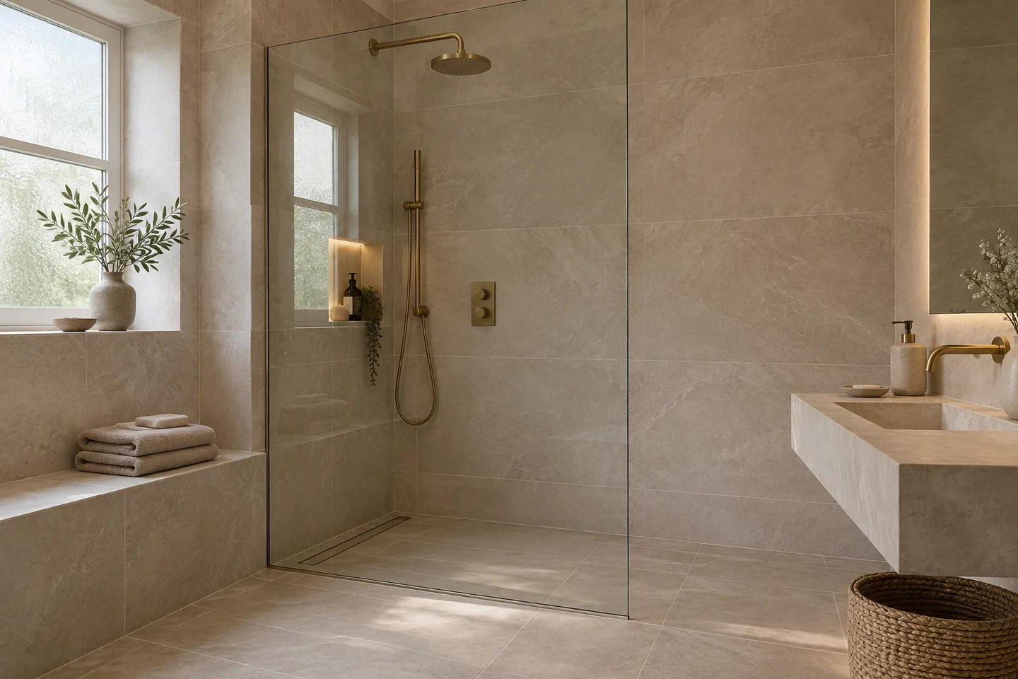 Contemporary UK bathroom with a walk-in shower, glass screen and level tiled floor.