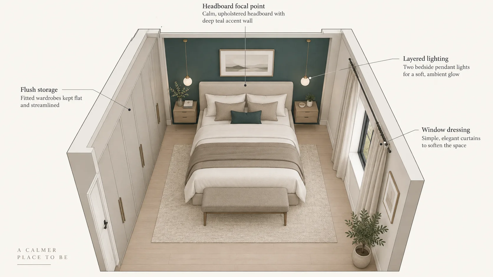 Diagram of contemporary bedroom with calm headboard wall, flush storage and layered lighting
