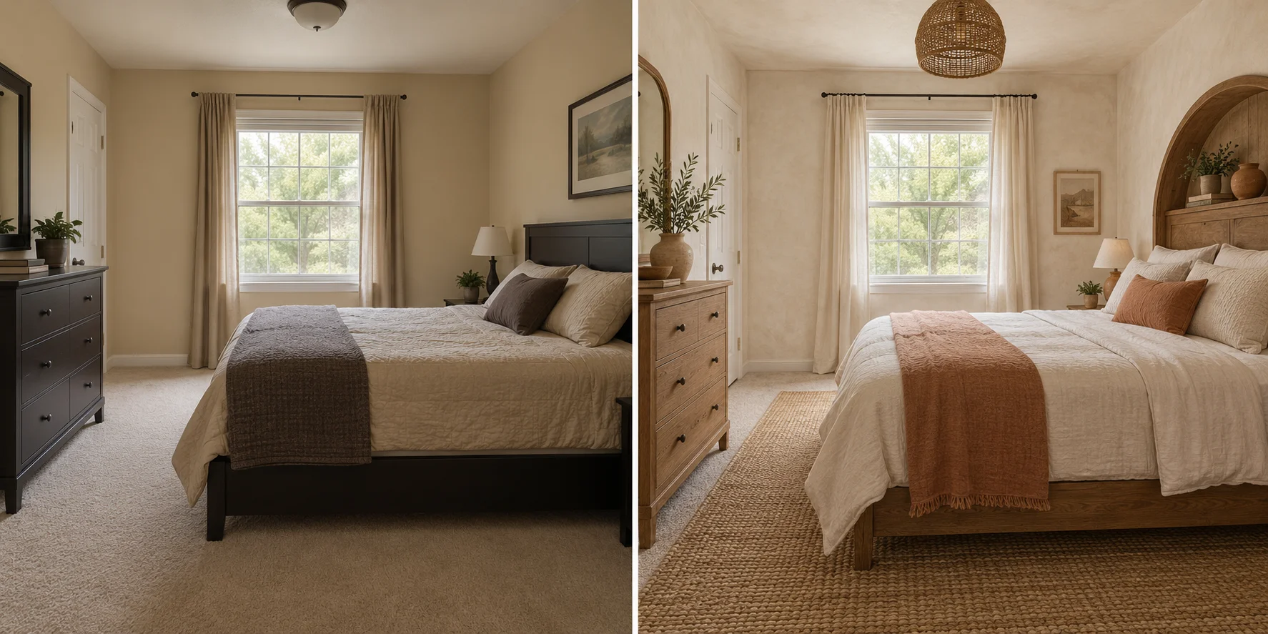 Mediterranean bedroom shown before and after a design concept from the same viewpoint