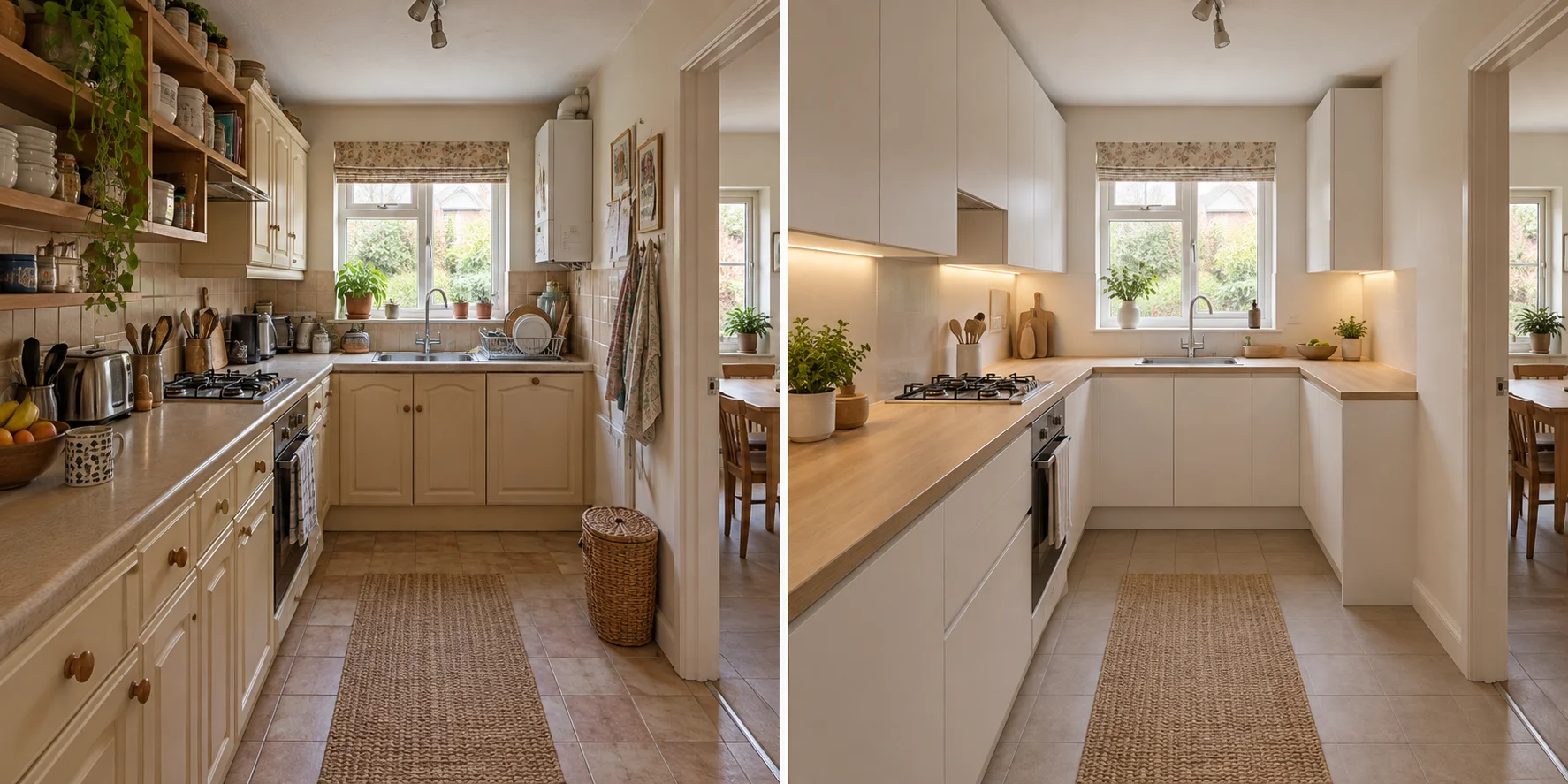 Minimalist kitchen shown before and after a design concept from the same viewpoint