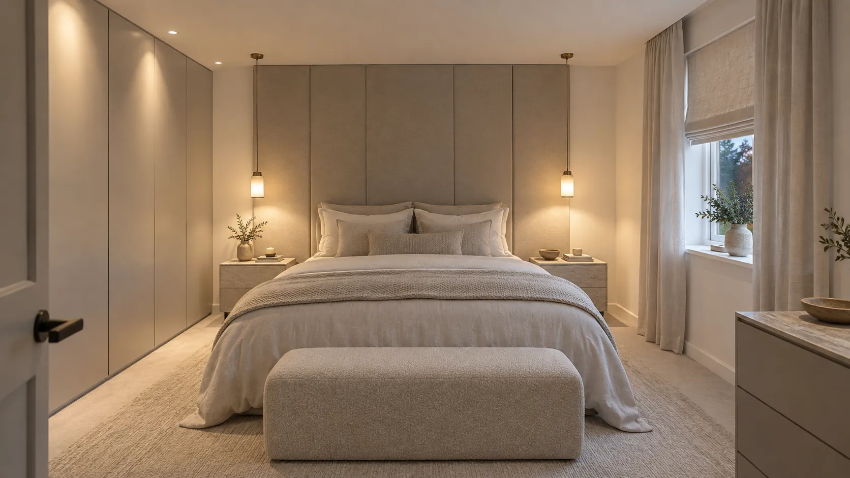 Concept illustration of same bedroom after minimalist redesign in white stone and greige