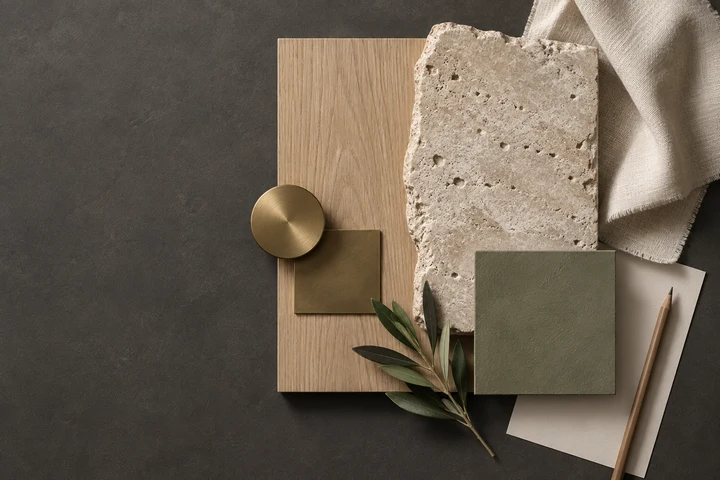Wood, stone and textile samples for comparing finishes