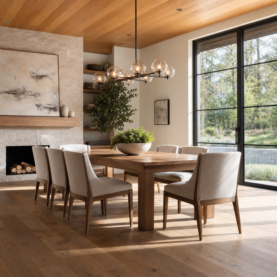 After dining room renovation with updated layout, colour and lighting